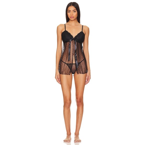 New Flora Nikrooz Cynthia Babydoll Set in Black lace Teddy lingerie thong - Picture 1 of 5